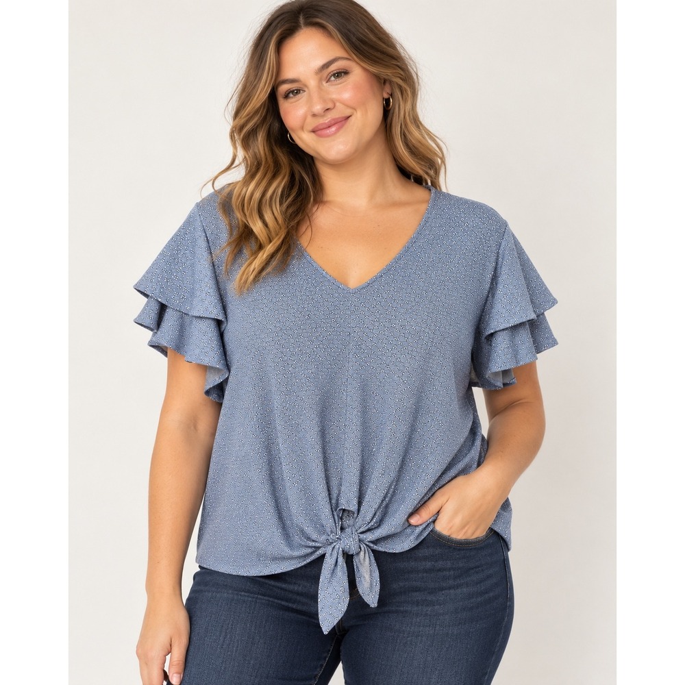 Adrianna Papell Blue Geometric Print Ruffle Sleeve Tie Front V-Neck Top XL